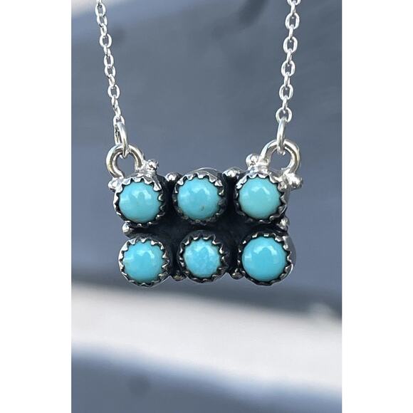 Turquoise Cluster Bar Necklace Southwestern Sterling Silver Snake Eye Shadow Box - Picture 1 of 8